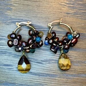 Gold Plated Tiger Eye Stone Teardrop Hoops